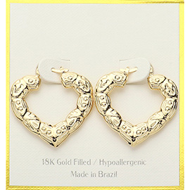 18K Gold Filled Hypoallergenic Textured Heart Hoop Pin Catch Earrings