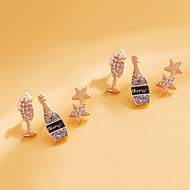 3Pairs - Star Champagne Glass Stud Earring Set