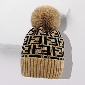 Greek Geometric Patterned Pom Pom Beanie Hat