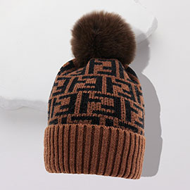 Greek Geometric Patterned Pom Pom Beanie Hat