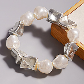 Pearl Brushed Metal Pebble Beaded Stretch Bracelet