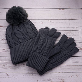 2PCS - Cable Pom Beanie Hat Gloves Set