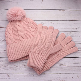 2PCS - Cable Pom Beanie Hat Gloves Set