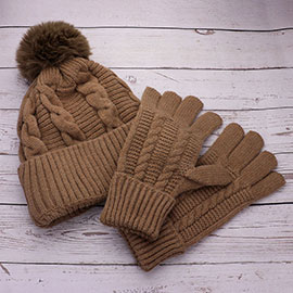 2PCS - Cable Pom Beanie Hat Gloves Set