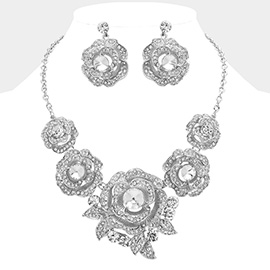 Round Stone Accented Rhinestone Paved Rose Embellished Statement Necklace