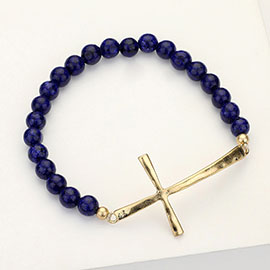 Hammered Metal Cross Semi Precious Natural Stone Beaded Stretch Bracelet