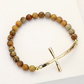 Hammered Metal Cross Semi Precious Natural Stone Beaded Stretch Bracelet