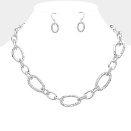 Stone Paved Textured Metal Oval Link Chain Necklace