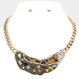 Animal Printed Fur Sparkly Stone Embellished Bib Necklace