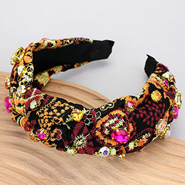 Flower Embroidered Stone Cluster Embellished Knot Headband