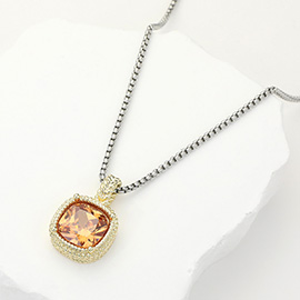 14K Gold Plated Square CZ Stone Pendant Necklace