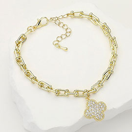 14K Gold Plated CZ Stone Paved Quatrefoil Charm Hardware Link Chain Bracelet