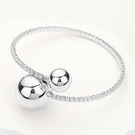 Metal Ball Tip Stone Paved Adjustable Bangle Bracelet