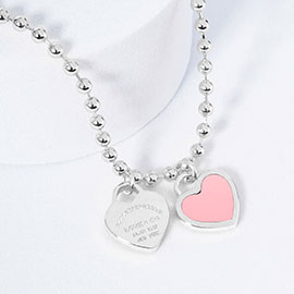 White Gold Dipped Double Heart Pendant Bubble Chain Necklace