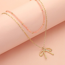 Metal Bow Pendant Seed Beaded Paperclip Chain Layered Necklace