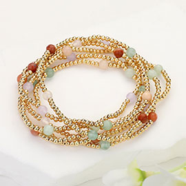 6PCS - Natural Stone Metal Ball Beaded Stretch Multi Layered Bracelets