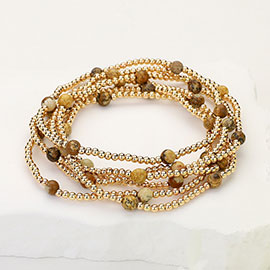 6PCS - Natural Stone Metal Ball Beaded Stretch Multi Layered Bracelets