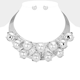 Pearl Embellished Abstract Metal Plate Statement Necklace