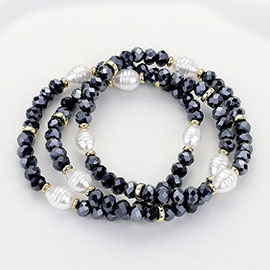 3PCS - Pearl Faceted Beaded Stretch Multi Layered Bracelets