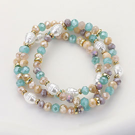 3PCS - Pearl Faceted Beaded Stretch Multi Layered Bracelets