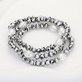 3PCS - Pearl Faceted Beaded Stretch Multi Layered Bracelets