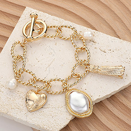 SECRET BOX_Pearl Metal Heart Tassel Charm Station Toggle Bracelet