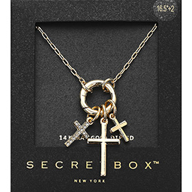 SECRET BOX_14K Gold Dipped Stone Paved Metal Triple Cross Pendant Necklace