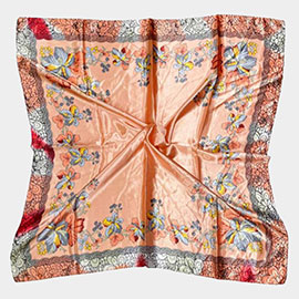 Flower Pattern Printed Square Silky Satin Scarf Shawl