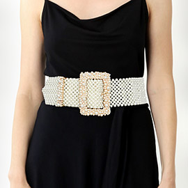 Oversized Pearl Embellished Rectangle Buckle Accented Belt