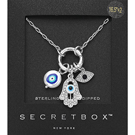 SECRET BOX_Sterling Silver Dipped Stone Paved Evil Eye Hamsa Hand Enamel Evil Eye Pendant Necklace