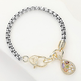 Two Tone CZ Stone Embellished Teardrop Charm Bracelet