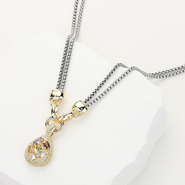 14K Gold Plated CZ Stone Embellished Teardrop Pendant Double Chain Necklace