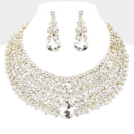 Teardrop Stone Accented Marquise Round Stone Embellished Chunky Collar Evening Necklace