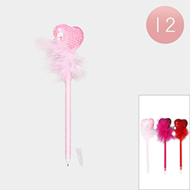 12PCS - Sequin Heart Feather Ball Pens