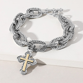 14K Gold Plated Two Tone Cross Charm Chunky Chain Toggle Bracelet