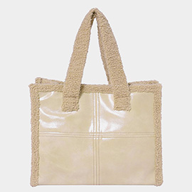 Fleece Trim Faux Leather Tote Bag / Crossbody Bag