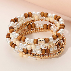 6PCS - Pearl Wood Ball Beaded Stretch Multi Layered Bracelets