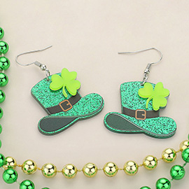 St Patricks Day Glittered Resin Leprechaun Hat Dangle Earrings