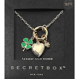 SECRET BOX_14K Gold Dipped Enamel Clover Metal Heart Locket Pendant Necklace