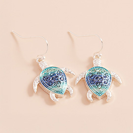 Stone Paved Colored Metal Sea Turtle Dangle Earrings