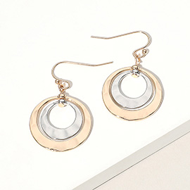 Hammered Metal Double Open Circle Layered Dangle Earrings