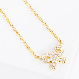 Gold Dipped CZ Stone Paved Bow Pendant Necklace