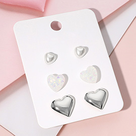 3Pairs - Pearl Metal Heart Stud Earring Set