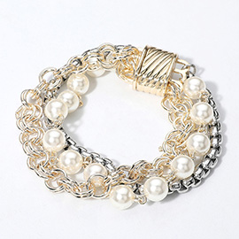 14K Gold Plated Two Tone Pearl Multi Chain Magnetic Bracelet