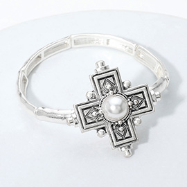 Pearl Pointed Antique Cross Stretch Bracelet