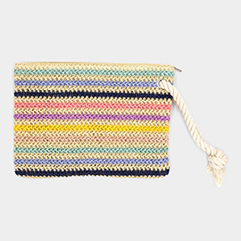 Rope Handle Multi Color Striped Straw Crochet Pouch Bag