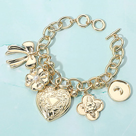 Metal Heart Bow Flower Quatrefoil Crescent Charm Station Toggle Bracelet