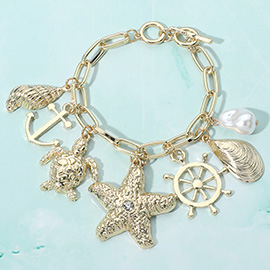 Textured Metal Starfish Shell Sea Turtle Anchor Pearl Charm Station Toggle Bracelet