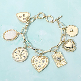 Stone Paved Heart Oval Stone Charm Station Toggle Bracelet