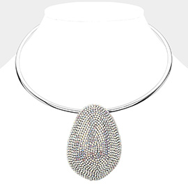 Rhinestone Paved Abstract Oval Pendant Statement Necklace